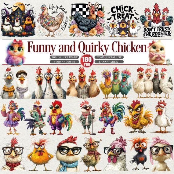 Chicken Clipart Bundle 180 PNG Farm Humor Illustrations