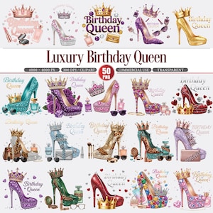 Può includere: Una collezione di scarpe col tacco alto, corone e flaconi di profumo con la scritta "Luxury Birthday Queen". Le scarpe presentano vari design, tra cui glitter, stampa animalier e abbellimenti di gioielli. La tavolozza dei colori comprende oro, viola e verde acqua.