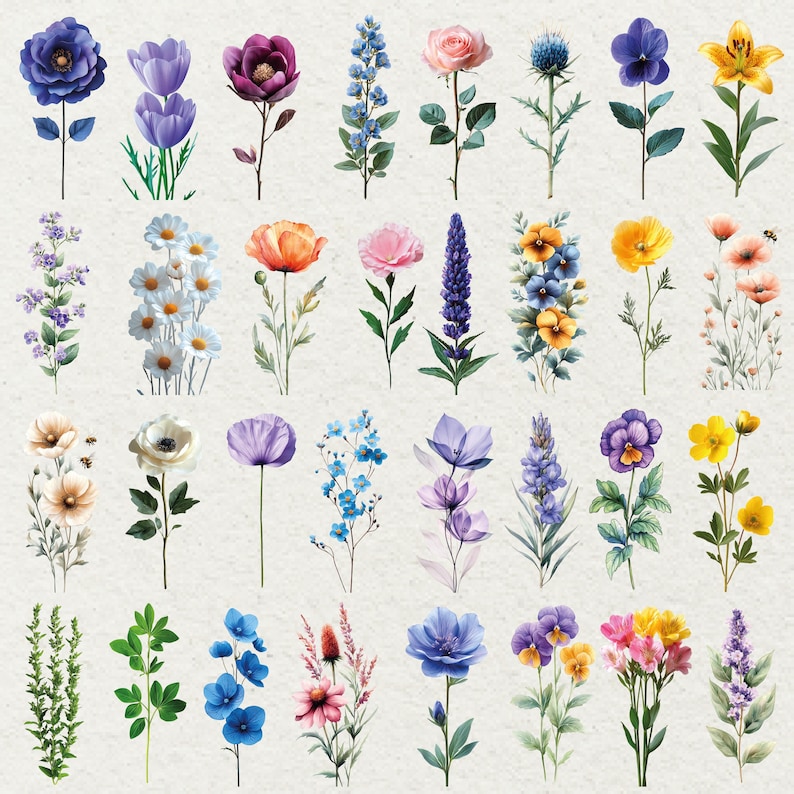 May include: Watercolor illustration of various flowers in shades of blue, purple, pink, yellow, and orange. The image features a collection of individual flower stems, including roses, tulips, and daisies, with green leaves.