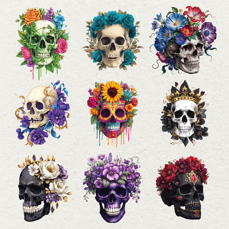 Op de afbeelding: Negen kleurrijke schedel illustraties met bloemstukken. Schedels worden afgebeeld in verschillende kleuren, waaronder groen, wit en zwart, versierd met bloemen in roze, blauwe, paarse en gele tinten. Sommige schedels hebben kronen of decoratieve elementen.
