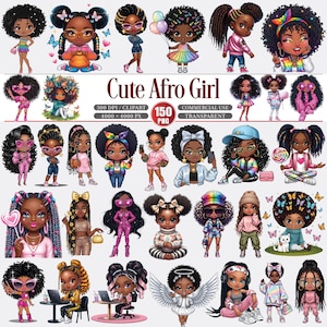 May include: A collection of digital illustrations featuring cute Afro girls in various outfits and poses. The girls have dark skin, curly hair, and are wearing stylish clothes. The image includes the text "Cute Afro Girl" and details about the file.