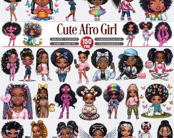 May include: A collection of digital illustrations featuring cute Afro girls in various outfits and poses. The girls have dark skin, curly hair, and are wearing stylish clothes. The image includes the text "Cute Afro Girl" and details about the file.