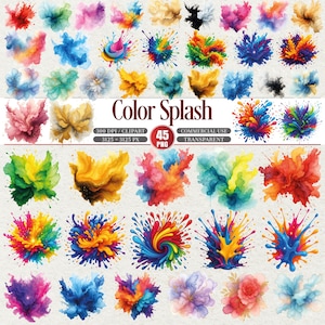 May include: A collection of 45 colorful watercolor splashes in various shapes and sizes. The image features vibrant hues of red, blue, yellow, and green, with the text "Color Splash" and other details. The splashes are suitable for commercial use.