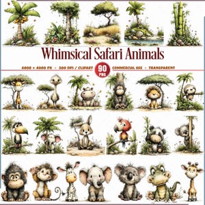 Peut inclure: Ensemble d'illustrations d'animaux de safari fantaisistes, dont une girafe, un hippopotame, un lion et un koala. L'image contient le texte "Whimsical Safari Animals" et des détails sur la taille, la résolution et les droits d'utilisation.