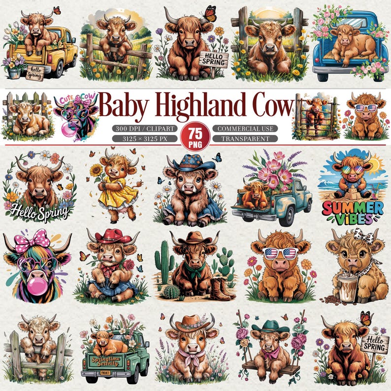 Baby Highland Cow Clipart Set 75 PNG Farm Illustrations - Etsy