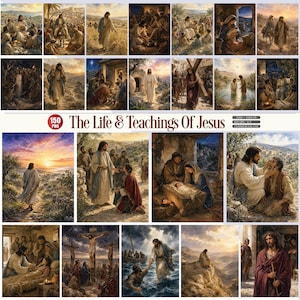 May include: A digital collection titled The Life & Teachings Of Jesus featuring 150 PNG images of various biblical scenes. The artwork depicts historical figures in robes, landscapes, and religious events with warm, detailed lighting and textures.