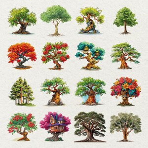 May include: A collection of 16 watercolor illustrations of various trees. The trees feature diverse shapes, sizes, and colors, including green, red, orange, and pink foliage. Some trees have intricate details, such as flowers and birdhouses.