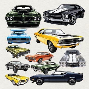 May include: A selection of classic muscle cars in various colours, including green, black, blue, yellow, and orange. The cars are shown from different angles, highlighting their iconic designs and features. The image is a digital illustration.