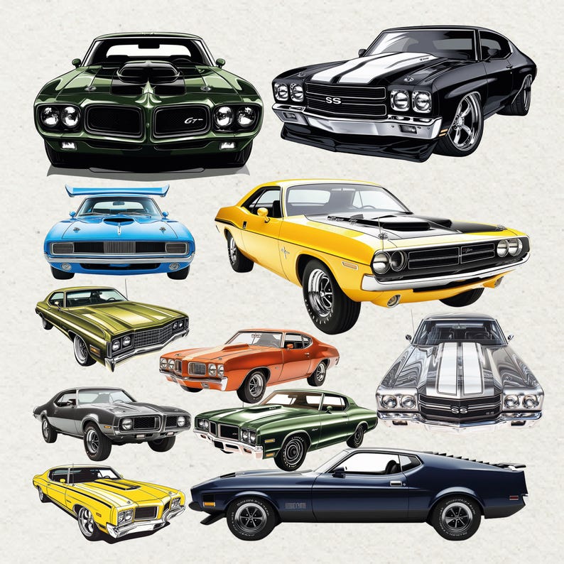 May include: A selection of classic muscle cars in various colours, including green, black, blue, yellow, and orange. The cars are shown from different angles, highlighting their iconic designs and features. The image is a digital illustration.