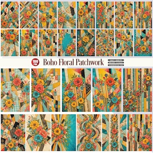 Peut inclure: Une collection de 100 fichiers PNG numériques intitulée Boho Floral Patchwork, présentant des motifs géométriques vibrants en jaune, bleu sarcelle et noir, agrémentés d'illustrations détaillées de fleurs rouges, jaunes et bleues.