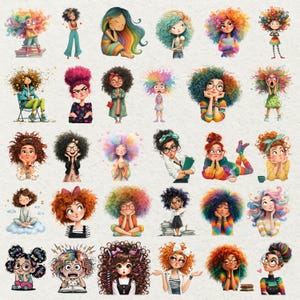 Peut inclure: Une collection d'illustrations color&eacute;es de filles aux cheveux boucl&eacute;s vibrants. Chaque personnage a un style unique, avec diverses tenues et accessoires. Les illustrations pr&eacute;sentent une gamme d'expressions et de poses, cr&eacute;ant un affichage diversifi&eacute; et artistique.