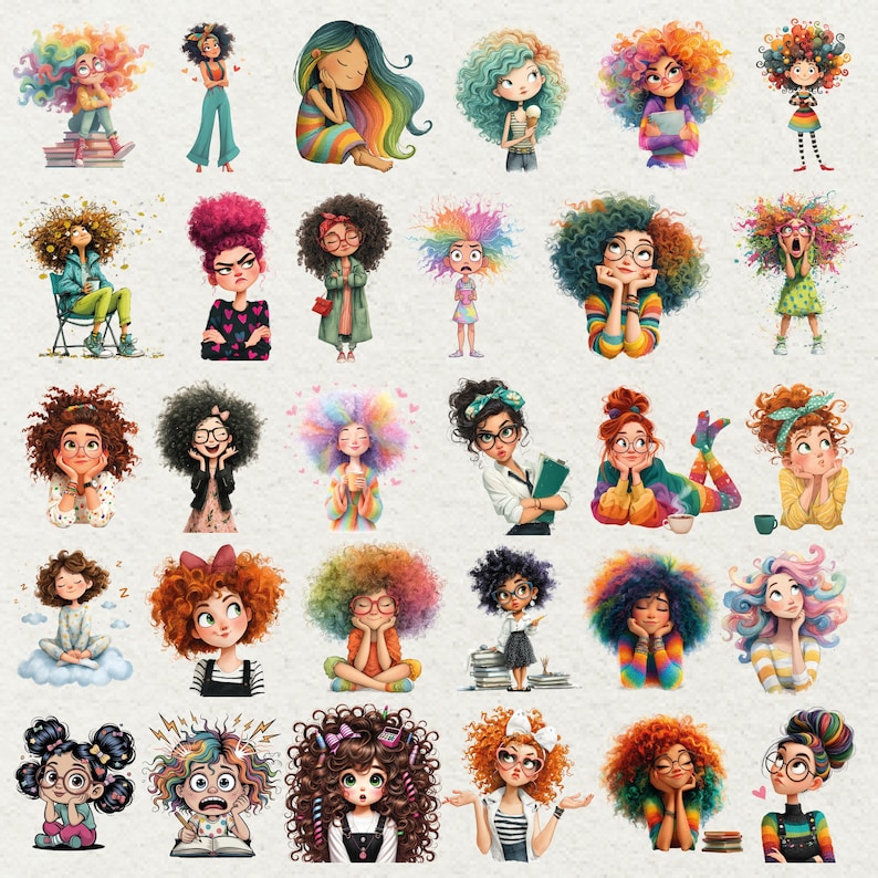 Peut inclure: Une collection d'illustrations color&eacute;es de filles aux cheveux boucl&eacute;s vibrants. Chaque personnage a un style unique, avec diverses tenues et accessoires. Les illustrations pr&eacute;sentent une gamme d'expressions et de poses, cr&eacute;ant un affichage diversifi&eacute; et artistique.