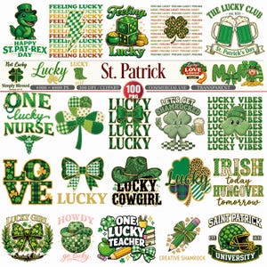 Op de afbeelding: Een verzameling digitale clipart met het thema St. Patrick's Day. Ontwerpen omvatten klavers, kabouters en tekst zoals "Feeling Lucky", "Lucky Cowgirl" en "Irish today hungover tomorrow". Het kleurenpalet is voornamelijk groen en goud.