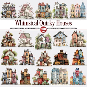Peut inclure: Une collection d'illustrations de maisons fantaisistes et colorées. Les maisons varient en style et en taille, certaines semblant empilées ou regroupées. L'image comprend le texte "Whimsical Quirky Houses" et des détails tels que "4000 x 4000 PX" et "100 PNG".