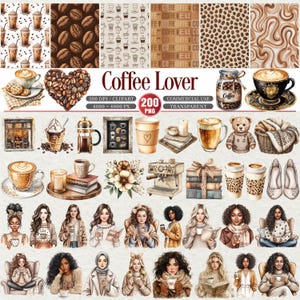 Puede incluir: Un collage digital con ilustraciones temáticas de café. Incluye tazas de café, granos de café, una cafetera y mujeres sosteniendo tazas de café. El texto "Coffee Lover" se muestra de forma destacada.