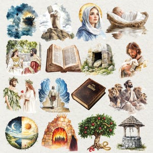May include: Watercolor illustrations depicting biblical scenes, including Jesus walking on water, Moses with the Ten Commandments, Mary, baby Jesus, an open Bible, and Jesus with a lamb. Other images include Adam and Eve, and a well.