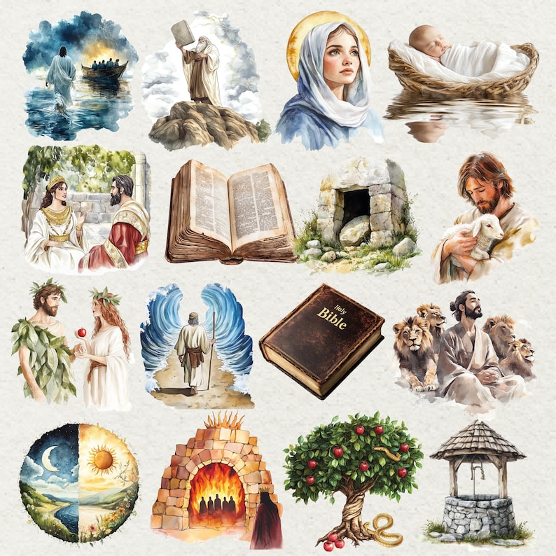 May include: Watercolor illustrations depicting biblical scenes, including Jesus walking on water, Moses with the Ten Commandments, Mary, baby Jesus, an open Bible, and Jesus with a lamb. Other images include Adam and Eve, and a well.