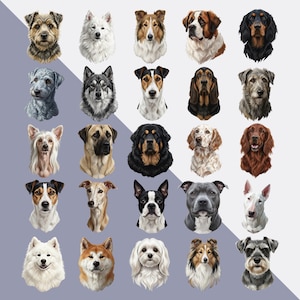 May include: A collection of 25 dog portraits, each with a unique breed. The dogs are depicted in a variety of colors and fur textures, set against a light purple and white background. The portraits are detailed and realistic.