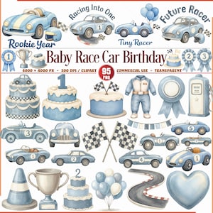 Puede incluir: Ilustraciones en acuarela de elementos de cumpleaños con temática de coches de carreras para bebés. Incluye coches de carreras azul claro, pasteles, banderas, globos, un traje de carreras y una carretera. El texto incluye "Baby Race Car Birthday".