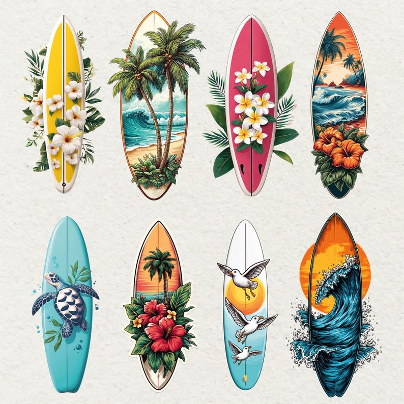 May include: Eight surfboard designs with tropical themes. Each board showcases a different design, including palm trees, ocean waves, and flowers. The surfboards are in various colours, such as yellow, pink, blue, and orange, evoking a sense of summer.