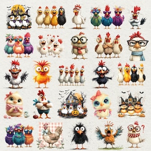 May include: A collection of whimsical cartoon chickens in various poses and styles. Some chickens wear glasses, scarves, and bows. Others are dressed in Halloween costumes. The color palette includes shades of yellow, orange, blue, and purple.