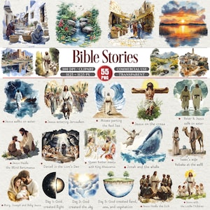 Könnte beinhalten: Eine Sammlung von 55 PNG-Bildern, die biblische Geschichten darstellen, darunter Jesus, der über das Wasser geht, Jesus, der in Jerusalem einzieht, Moses, der das Rote Meer teilt, und Jesus am Kreuz. Die Bilder sind im Aquarellstil.
