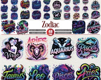 Zodiac Signs Clipart Bundle 48 PNG Astrology Designs