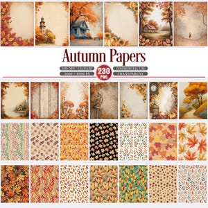 May include: A set of 230 digital papers with an autumn theme. The papers showcase watercolour illustrations of autumnal leaves, pumpkins, and rural scenes. The text "Autumn Papers" is displayed, along with technical specifications.