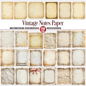 May include: A collection of vintage-style paper designs with ornate borders and aged textures. The image features various rectangular and square papers, some with decorative edges and others with lined or blank spaces. The text "Vintage Notes Paper" is displayed.