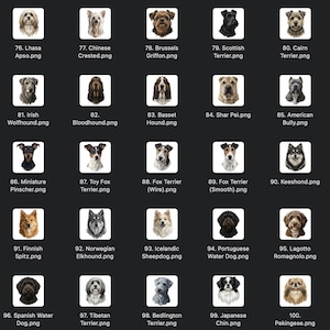 May include: A grid of dog breed portraits, including Lhasa Apso, Chinese Crested, Brussels Griffon, Scottish Terrier, and Cairn Terrier. Each image is labeled with the breed name and a number, showcasing a variety of canine companions.