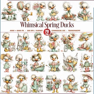 Op de afbeelding: Een verzameling grillige eendenillustraties in pastelkleuren. De eenden worden afgebeeld in verschillende lentethema's, zoals het vasthouden van bloemen, fietsen en het dragen van hoeden. De tekst "Whimsical Spring Ducks" staat bovenaan.