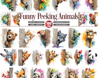 Funny Peeking Animals Clipart Bundle 100 PNG Characters