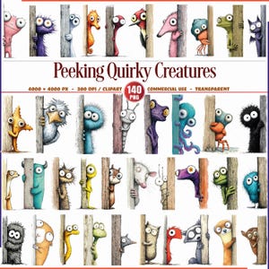 Op de afbeelding: Een verzameling grillige cartoonwezens die achter houten palen vandaan kijken. De wezens hebben verschillende kleuren en vormen, met grote ogen en unieke kenmerken. De tekst luidt "Peeking Quirky Creatures".