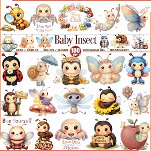 May include: A collection of watercolor illustrations featuring adorable baby insects. The images include a ladybug, a snail, a bee, a butterfly, and a caterpillar. Text includes "Baby Insect", "Bug Club", and "Bee Yourself".