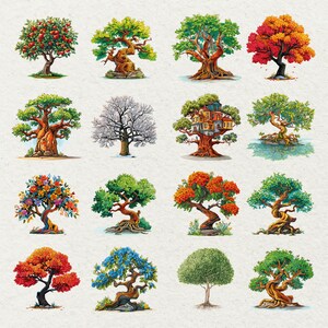 May include: A collection of 16 digital illustrations of trees. The trees display a variety of foliage, including red apples, green leaves, and colorful flowers. Some trees have unique features like a treehouse or twisted trunks.