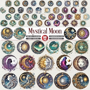 May include: A collection of 60 digital clip art images featuring mystical moon designs. The images include moons, suns, stars, and celestial figures in various colors, with the text "Mystical Moon". The images are 3125 x 3125 pixels.