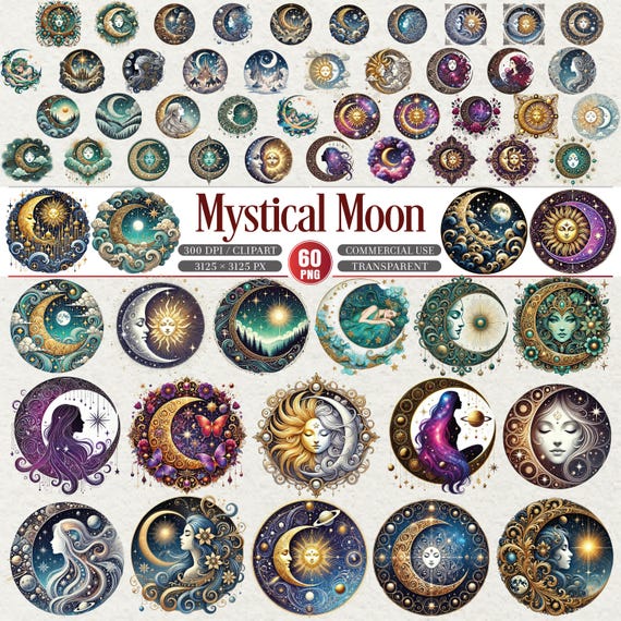 Mystical Moon Clipart Bundle 60 PNG