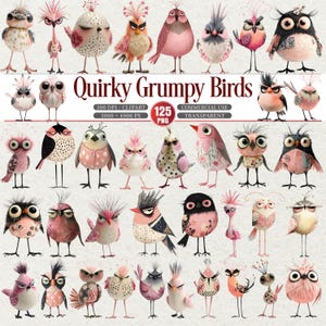 May include: A collection of whimsical bird illustrations with various expressions and colors. The birds have unique features, including spiky hair, patterned feathers, and large eyes. The text "Quirky Grumpy Birds" is displayed above the birds.