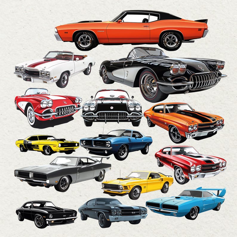 May include: A selection of classic cars in various colours, including orange, black, white, red, yellow, and blue. The image features a variety of vintage vehicles, showcasing their distinct designs and styles. The cars are arranged in a visually appealing composition.
