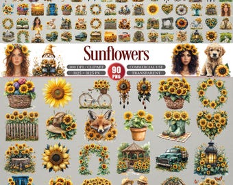 Op de afbeelding: Een verzameling van 90 PNG-clip-artafbeeldingen met zonnebloemthema. De afbeeldingen bevatten zonnebloemen, kransen, portretten en andere decoratieve elementen. Het woord "Sunflowers" wordt in grote letters weergegeven. De afbeeldingen zijn voor commercieel gebruik.