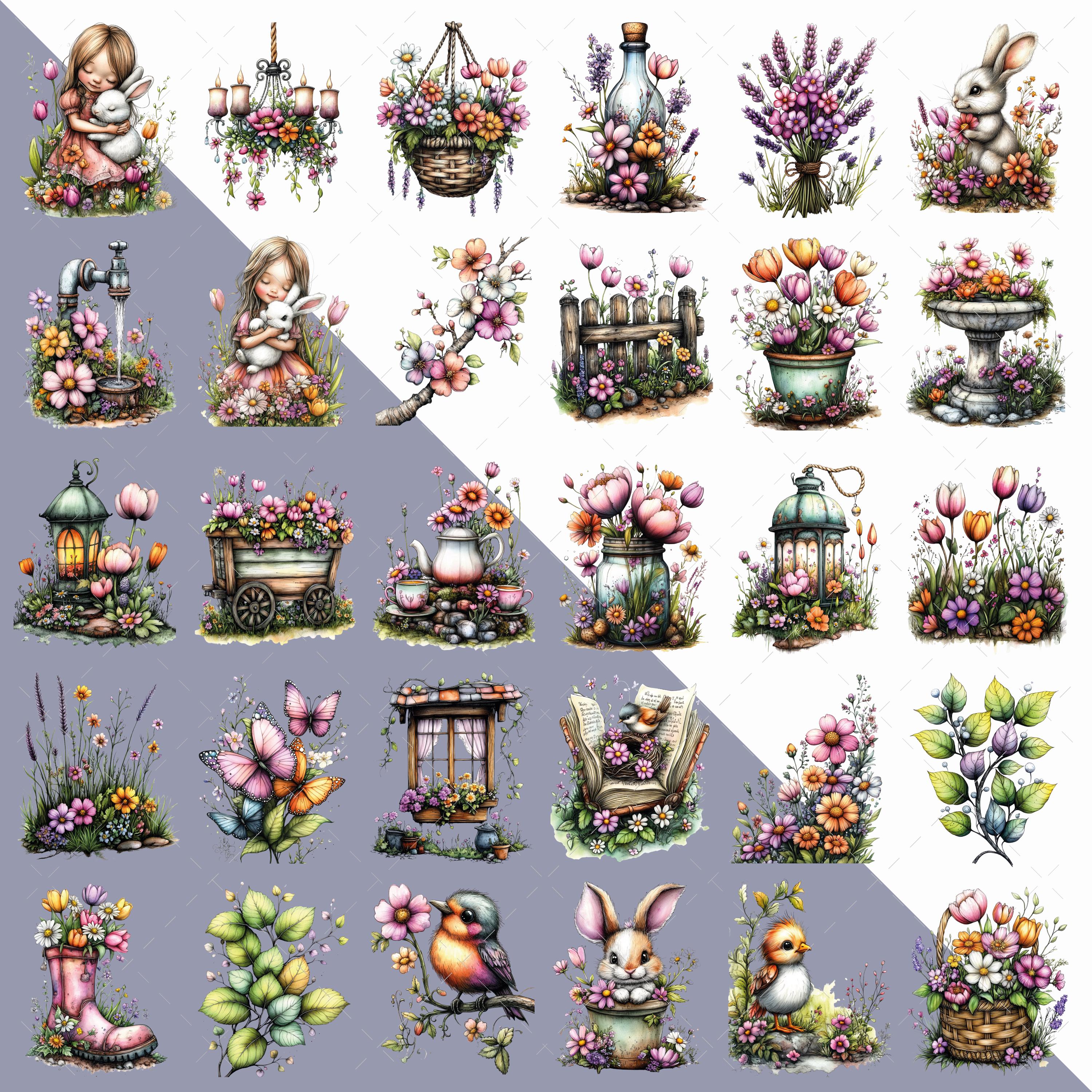 Whimsical Spring Garden Clipart Bundle Cottagecore PNG 160 PNG ...