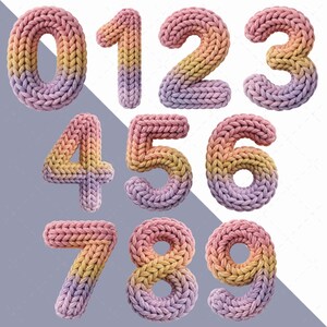 May include: A set of knitted numbers from zero to nine. Each number has a gradient effect, transitioning from a light purple at the bottom to a yellow-orange at the top. The knitted texture is clearly visible.