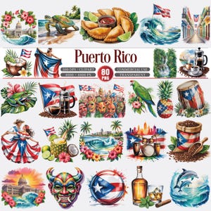 Puede incluir: Una colección de ilustraciones en acuarela con temas de Puerto Rico. Incluye imágenes de la bandera puertorriqueña, comida, monumentos y símbolos culturales. El texto "Puerto Rico" se muestra de forma destacada.