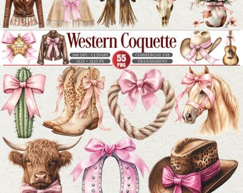 Pacchetto clipart Western Coquette con fiocco rosa, set PNG Western Cowgirl