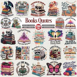 May include: A collection of colorful book-themed graphics with quotes like "Fictional Dragons," "Discuss Books," and "Born to Read." The images feature skulls, dragons, and stacks of books, perfect for book lovers.