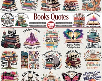 May include: A collection of colorful book-themed graphics with quotes like "Fictional Dragons," "Discuss Books," and "Born to Read." The images feature skulls, dragons, and stacks of books, perfect for book lovers.