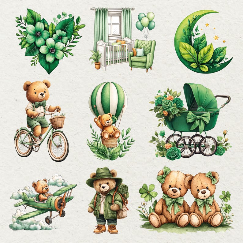 Green Teddy Bear Clipart Bundle for Baby Shower - Etsy