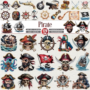 Pode incluir: Uma coleção de ilustrações e gráficos com tema pirata. A imagem inclui caveiras de piratas, navios, bandeiras, baús de tesouro, canhões e outros itens relacionados a piratas. A palavra "Pirate" é exibida no centro da imagem.