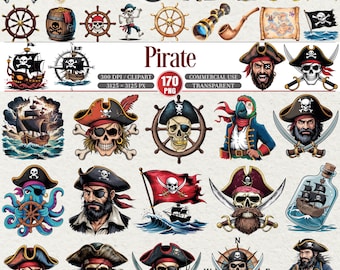 May include: A collection of pirate-themed illustrations and graphics. The image includes pirate skulls, ships, flags, treasure chests, cannons, and other pirate-related items. The word "Pirate" is displayed in the center of the image.