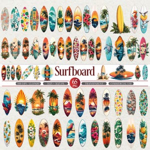 May include: A selection of 65 surfboard designs with tropical themes. The surfboards showcase illustrations of sunsets, palm trees, waves, flowers, and beach imagery. The word "Surfboard" is displayed in the centre.